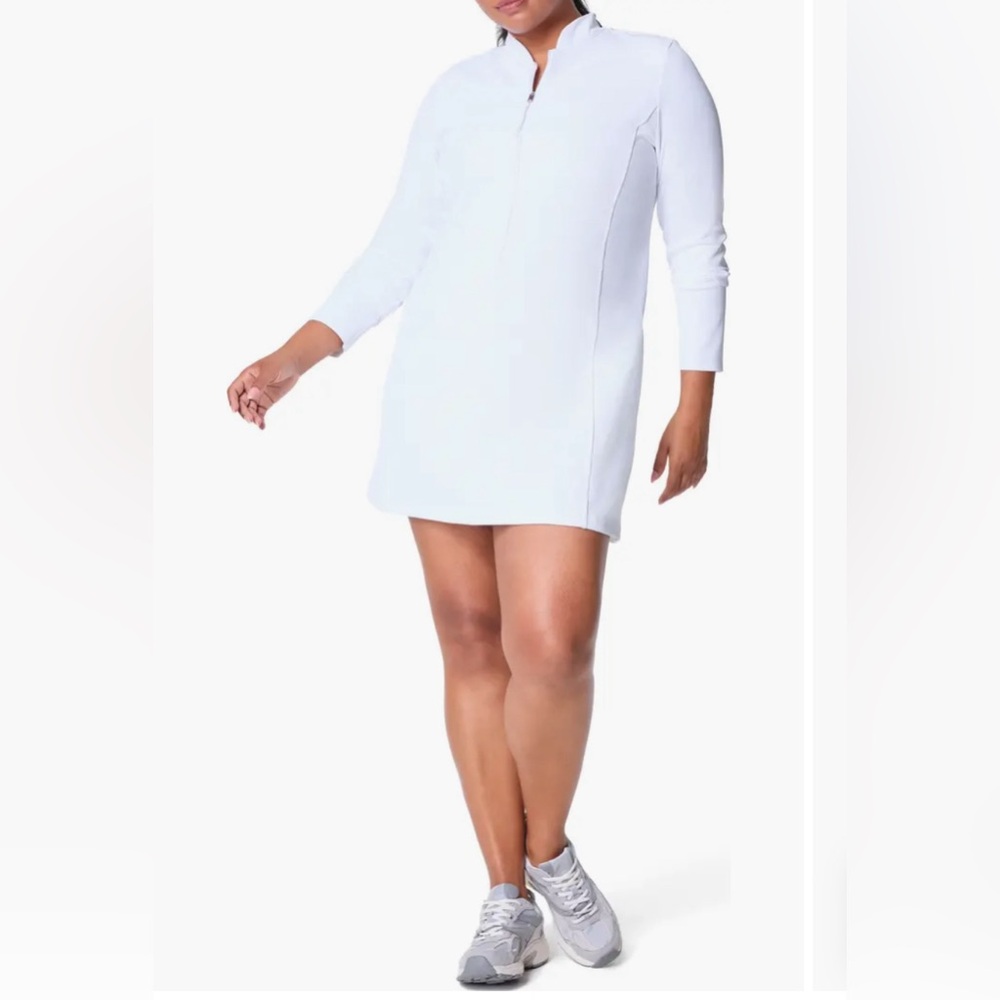 SPANX Contour Rib Long Sleeve Zip Front Dress in Vivid White Long Sleeve Size 1X - Picture 1 of 10